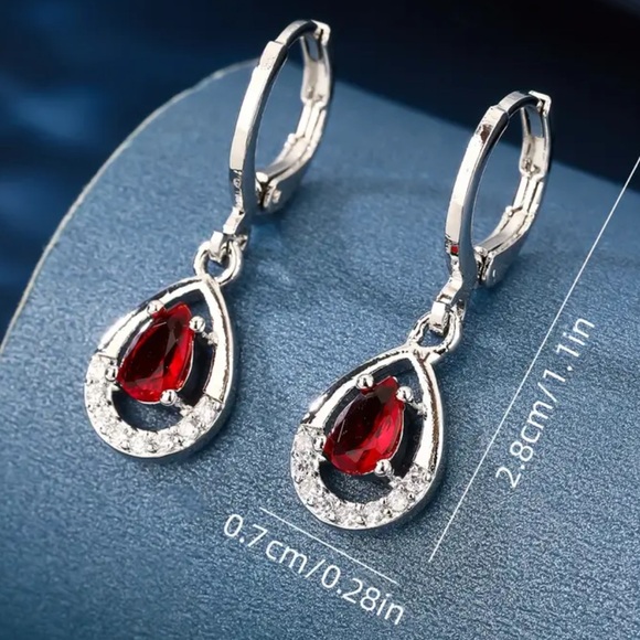 Elegant Silver Drop Earrings with Red Teardrop Ruby and Crystal Accents Vintage - Picture 4 of 4